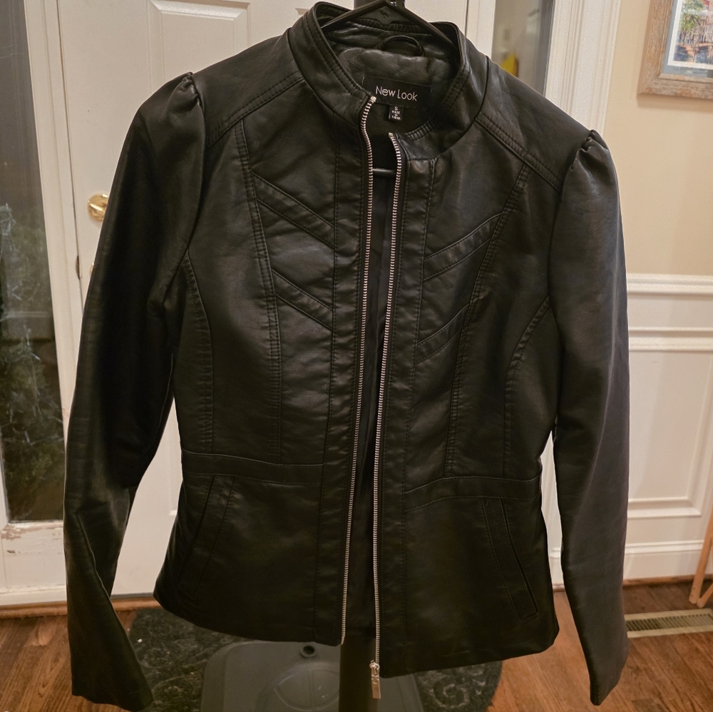 New Look Black Faux Leather Moto Jacket with Zip Front. Vintage. S